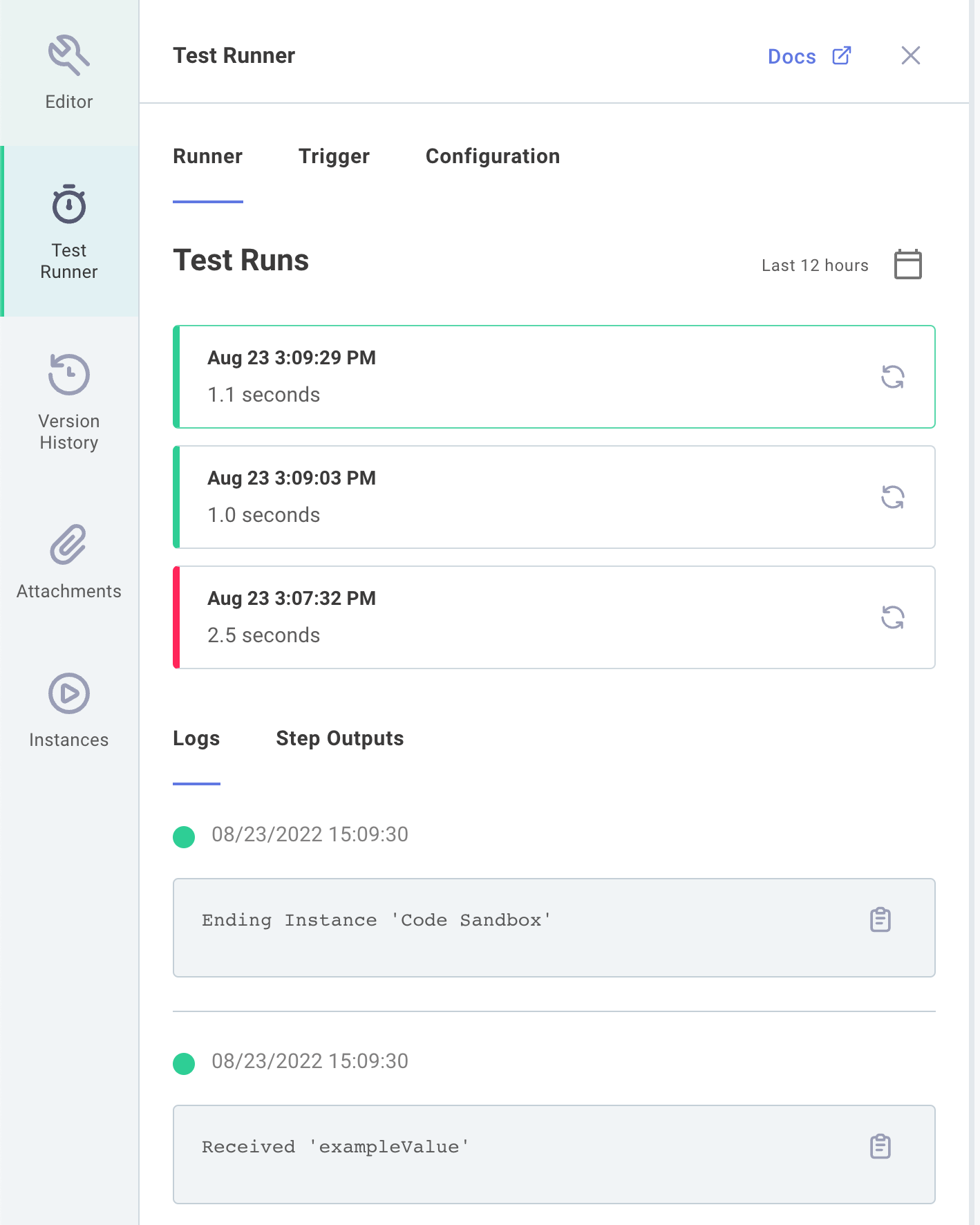 Test runner step results